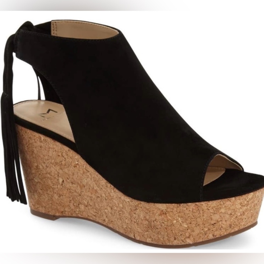 Marc Fisher Black Suede & Cork tie-behind platform wedges